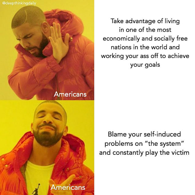 fact my favorite subreddit meme - Take advantage of living in one of the most economically and socially free nations in the world and working your ass off to achieve your goals Americans Blame your selfinduced problems on "the system" and constantly play 