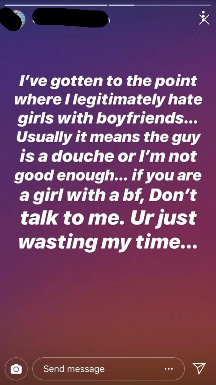 quito - I've gotten to the point where I legitimately hate girls with boyfriends... Usually it means the guy is a douche or I'm not good enough... if you are a girl with a bf, Don't talk to me. Ur just wasting my time... Send message