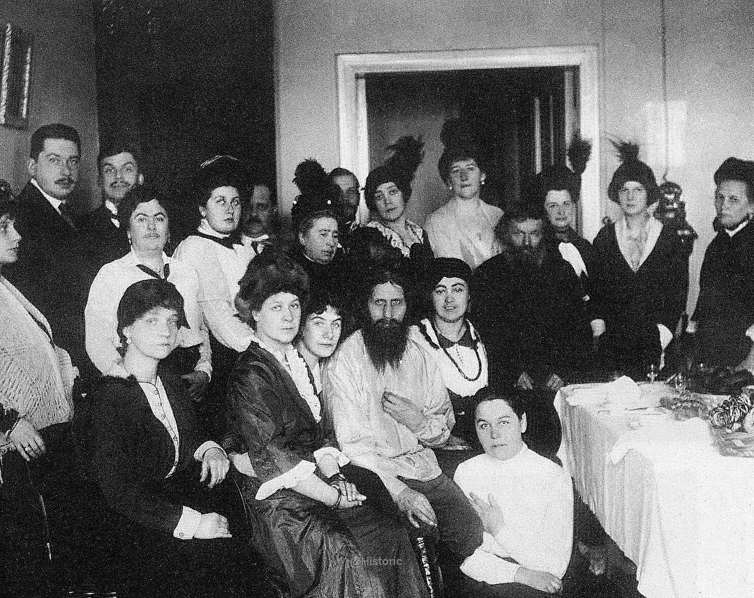 Grigori Rasputin with his admirers 1914