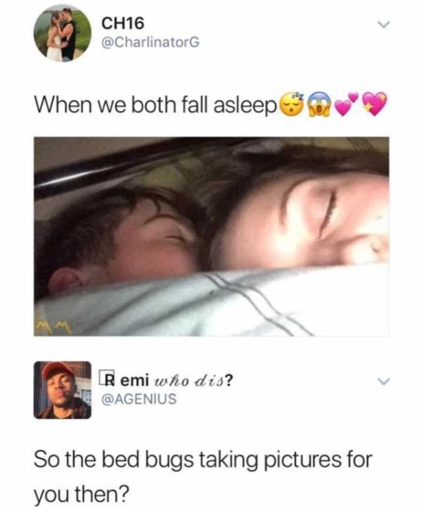 savage roasts - funny social media posts - CH16 When we both fall asleep Remi who dis? So the bed bugs taking pictures for you then?