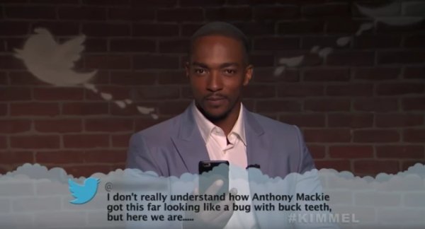 savage roasts - avengers read mean tweets - I don't really understand how Anthony Mackie got this far looking a bug with buck teeth, but here we are..... Kimmel