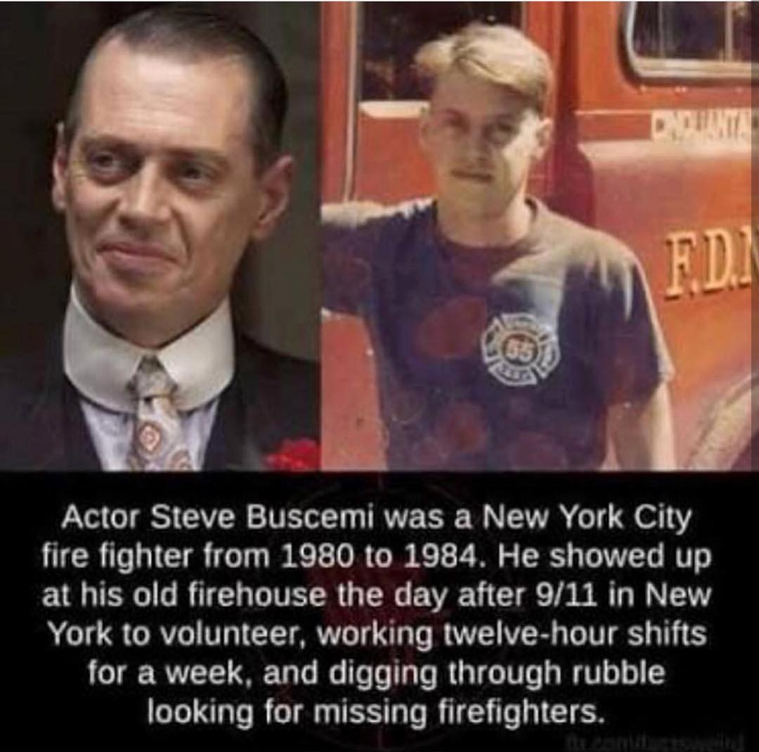 memes - steve buscemi firefighter - Fd. Actor Steve Buscemi was a New York City fire fighter from 1980 to 1984. He showed up at his old firehouse the day after 911 in New York to volunteer, working twelvehour shifts for a week, and digging through rubble 