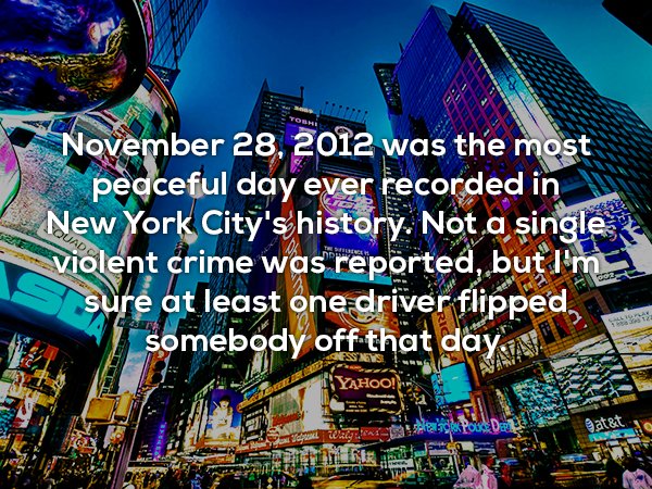 new york places to visit - Ra was the most peaceful day ever recorded in New York City's history. Not a single violent crime was reported, but I'm sure at least one driver flipped. somebody off that day Ssys Yahoo! atet