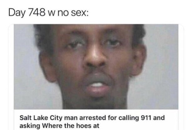 memes - dirty memes - Day 748 w no sex Salt Lake City man arrested for calling 911 and asking Where the hoes at