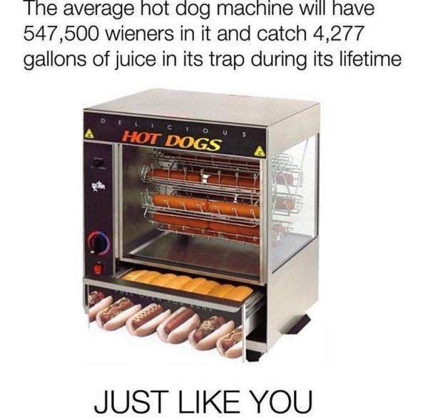 memes - commercial hot dog machine - The average hot dog machine will have 547,500 wieners in it and catch 4,277 gallons of juice in its trap during its lifetime Hot Dogs Just You