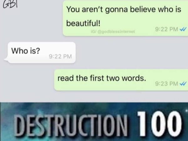 text message memes - You aren't gonna believe who is beautiful! Ig godblessinternet Who is? read the first two words. Destruction 100