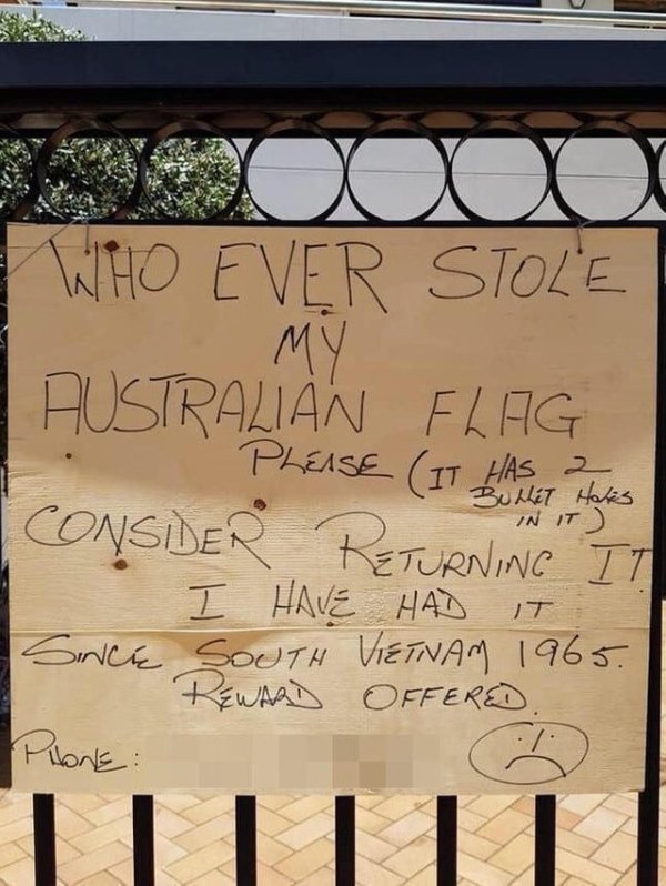 south vietnam flag in australia - Who Ever Stole My Australian Flag Consider Returning It I Have Had It Since South Vietnam 1965. Rewad Offerd. Please It Has A s 2 Bullet Haes In It Holes Phone