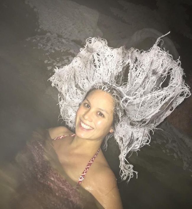my wife's hair after 15 minutes in − 20ºf while basking in some hot springs