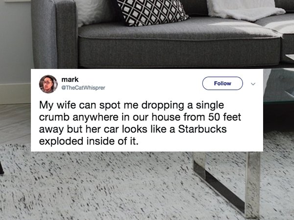 floor - Innon Ynxx mark My wife can spot me dropping a single crumb anywhere in our house from 50 feet away but her car looks a Starbucks exploded inside of it.