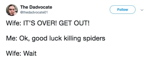 first of all meme twitter - The Dadvocate Wife It'S Over! Get Out! Me Ok, good luck killing spiders Wife Wait