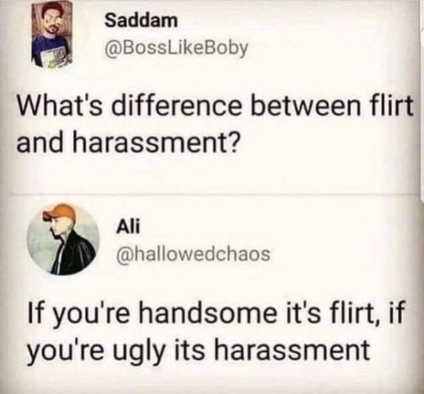 memes - document - Saddam What's difference between flirt and harassment? Ali If you're handsome it's flirt, if you're ugly its harassment