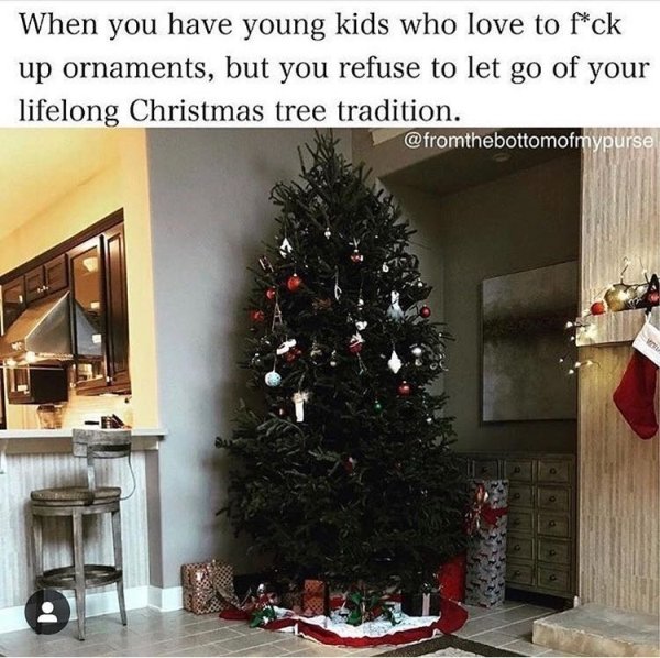 memes - christmas tree - When you have young kids who love to fck up ornaments, but you refuse to let go of your lifelong Christmas tree tradition.