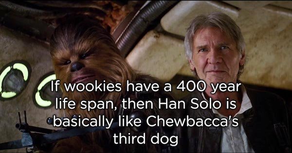 star wars the force awakens han solo - If wookies have a 400 year life span, then Han Solo is ebasically Chewbacca's third dog