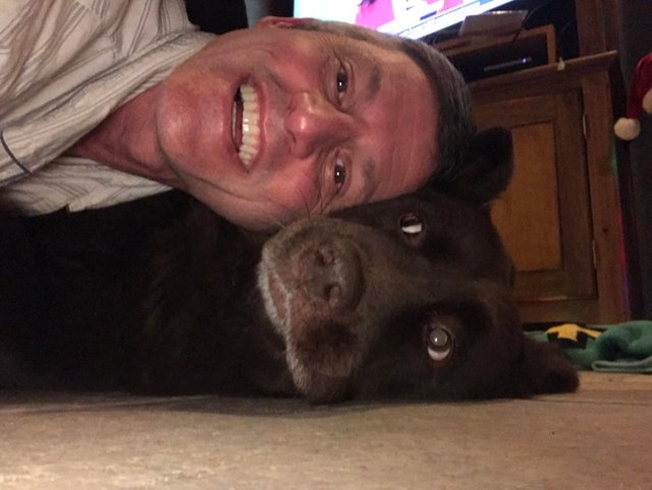 “This is my dog tolerating my (wine drunk) dad’s nonsense.”