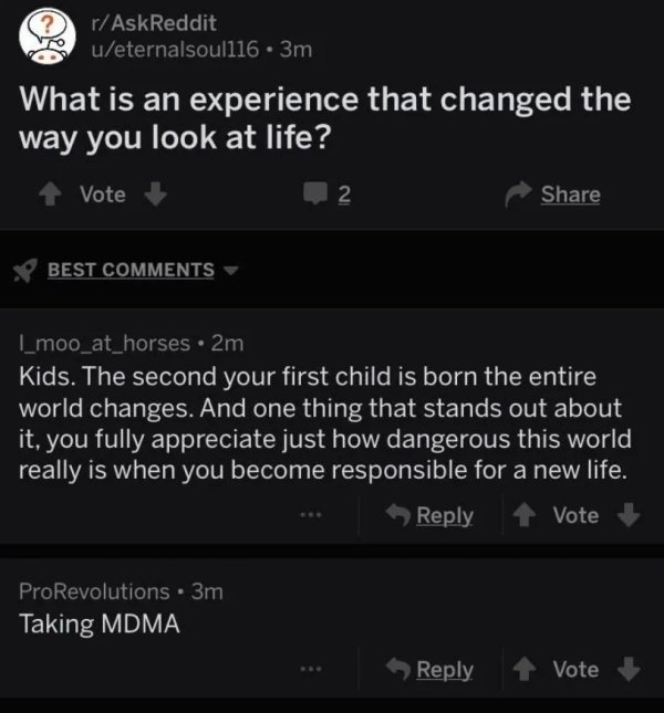 screenshot - rAskReddit ueternalsoul116.3m What is an experience that changed the way you look at life? Vote Best _moo_at_horses . 2m Kids. The second your first child is born the entire, world changes. And one thing that stands out about it, you fully ap