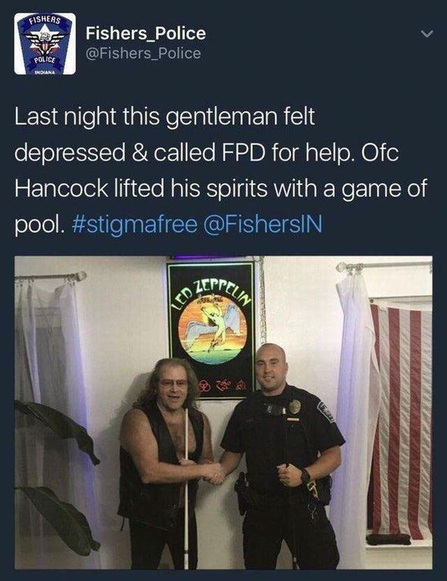 presentation - Fishers Fishers Police Das Police Indiana Last night this gentleman felt depressed & called Fpd for help. Ofc Hancock lifted his spirits with a game of pool. so zerre