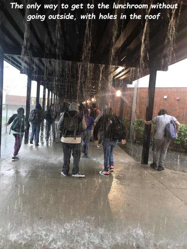 snow - The only way to get to the lunchroom without going outside, with holes in the roof.