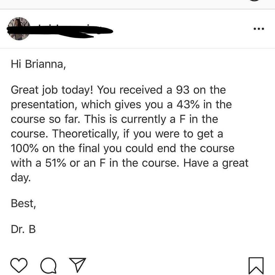 angle - Hi Brianna, Great job today! You received a 93 on the presentation, which gives you a 43% in the course so far. This is currently a F in the course. Theoretically, if you were to get a 100% on the final you could end the course with a 51% or an F 