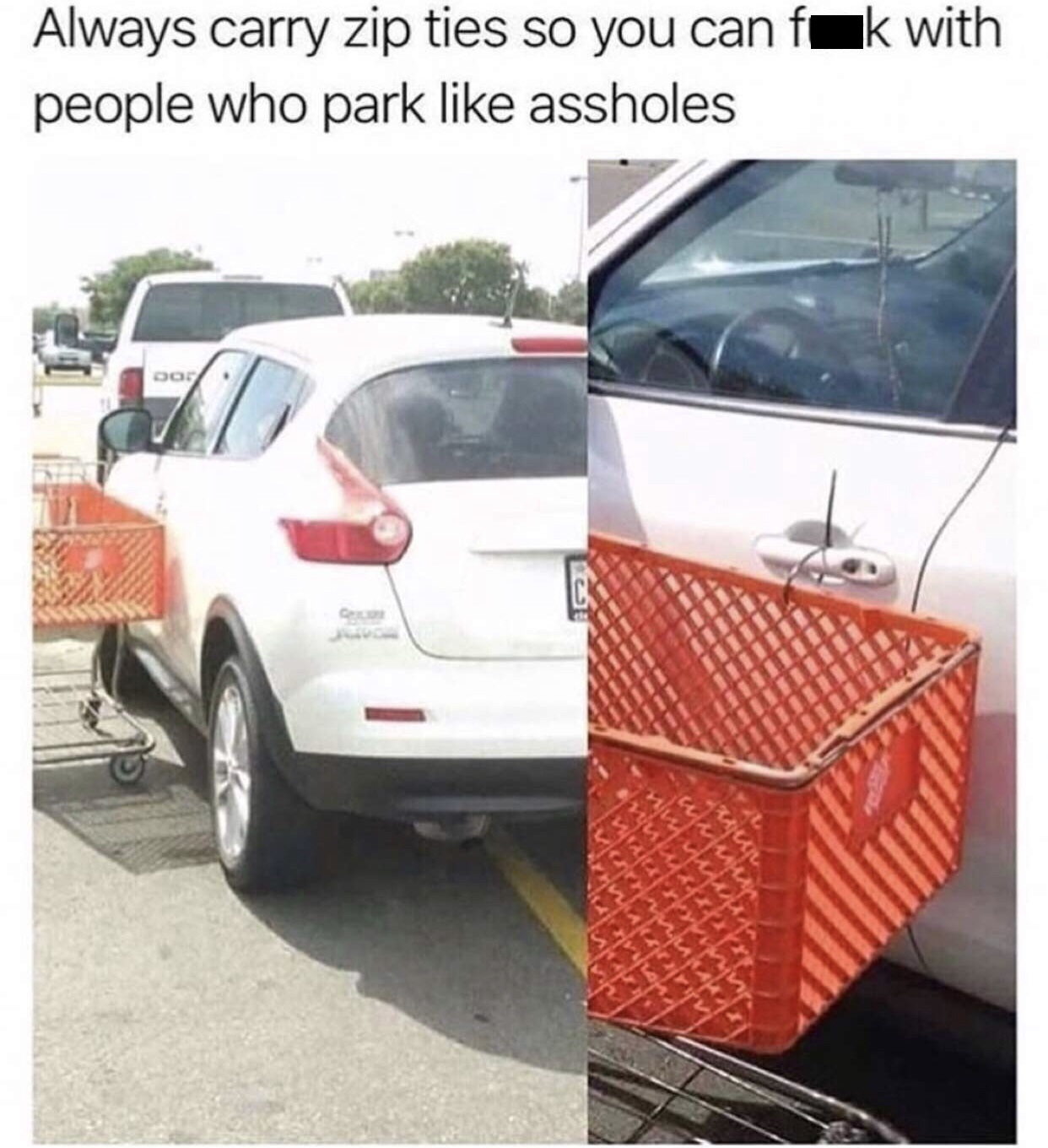 zip tie car prank - Always carry zip ties so you can fik with people who park assholes