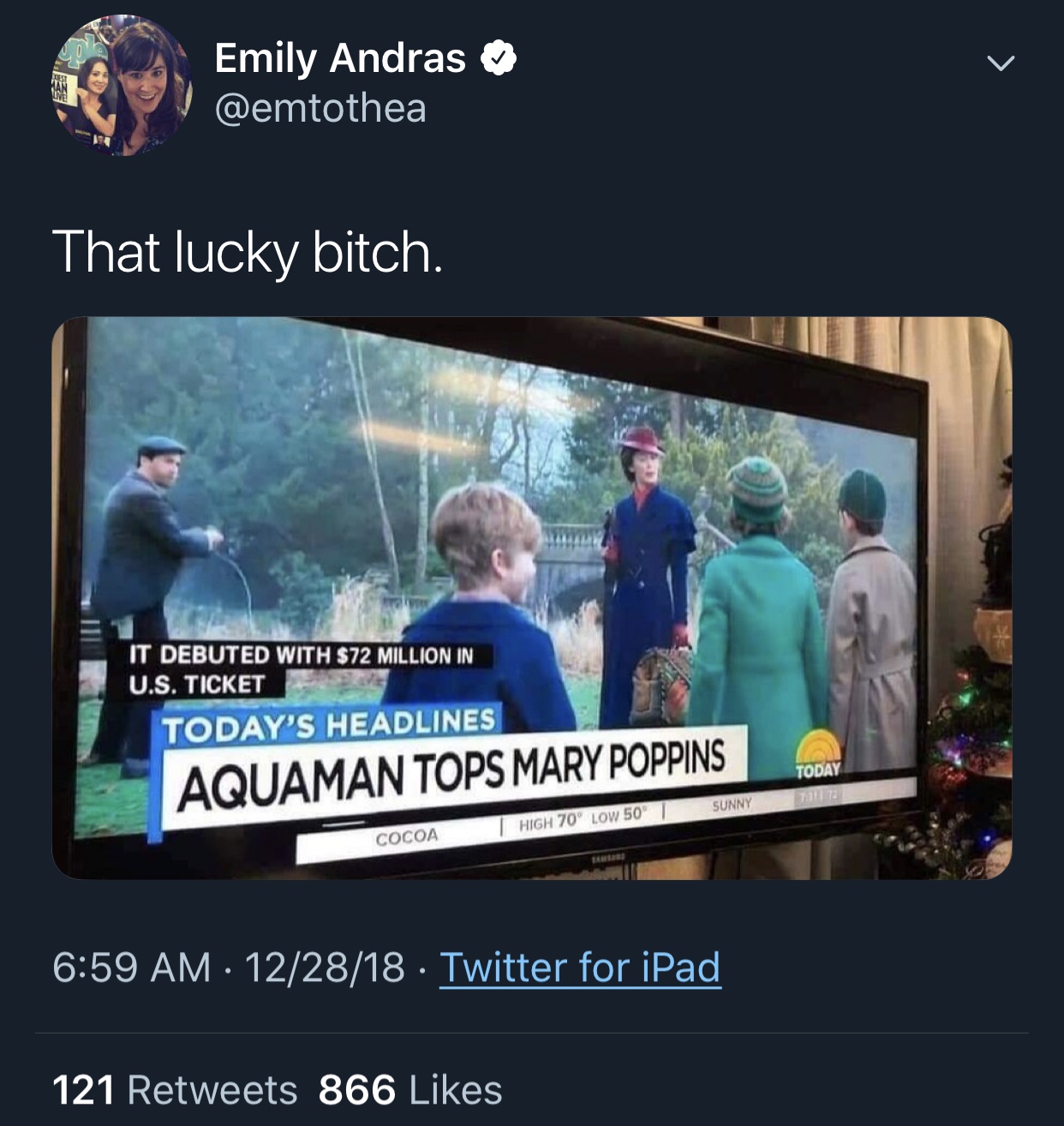 uh phrasing meme - Emily Andras That lucky bitch. It Debuted With $72 Million In U.S. Ticket Today'S Headlines Today Aquaman Tops Mary Poppins 21 T Sunny High 70 Low 50 Cocoa 122818 Twitter for iPad 121 866