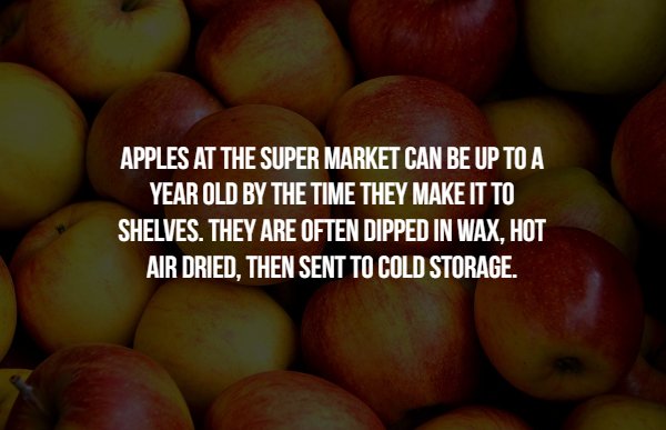 creepy facts 2019 - Apples At The Super Market Can Be Up To A Year Old By The Time They Make It To Shelves. They Are Often Dipped In Wax, Hot Air Dried, Then Sent To Cold Storage.