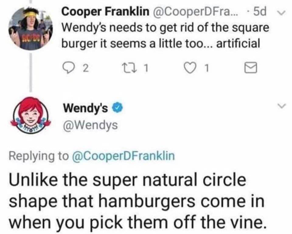 wendy's company - Cooper Franklin .... 5dv Wendy's needs to get rid of the square burger it seems a little too... artificial 22 221 1 Wendy's Un the super natural circle shape that hamburgers come in when you pick them off the vine.