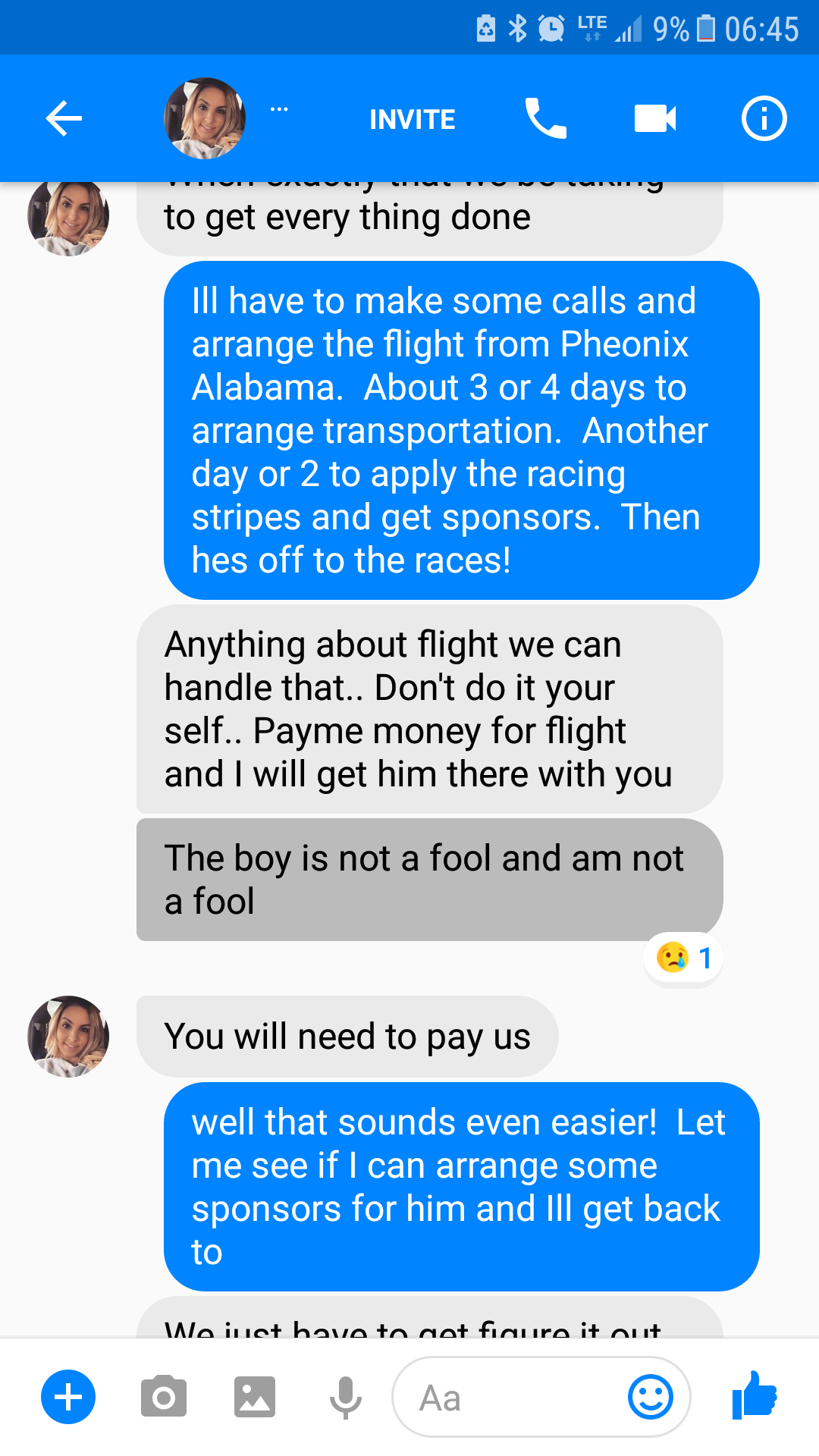 web page - A D Lte 9% 0 Invite Invite K O to get every thing done Ill have to make some calls and arrange the flight from Pheonix Alabama. About 3 or 4 days to arrange transportation. Another day or 2 to apply the racing stripes and get sponsors. Then hes