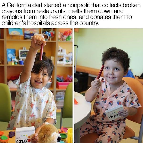 A California dad started a nonprofit that collects broken crayons from restaurants, melts them down and remolds them into fresh ones, and donates them to children's hospitals across the country. Crayo
