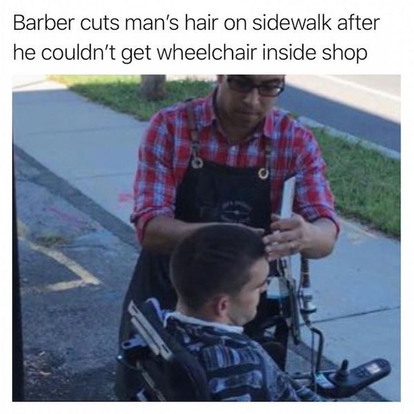 man in wheelchair haircut - Barber cuts man's hair on sidewalk after he couldn't get wheelchair inside shop