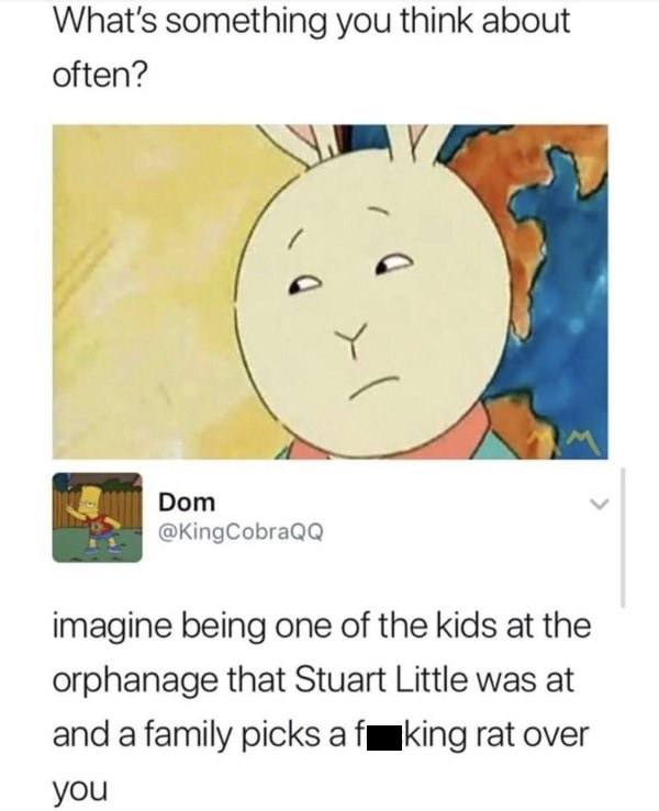 imagine being a kid in stuart littles orphanage - What's something you think about often? Dom CobraQQ imagine being one of the kids at the orphanage that Stuart Little was at and a family picks af king rat over you