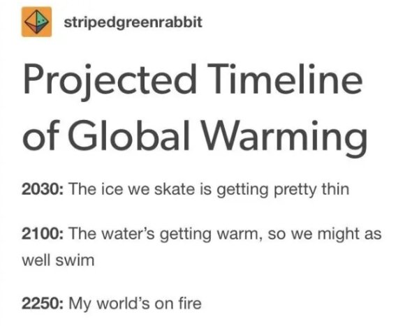 smash mouth global warming meme - stripedgreenrabbit Projected Timeline of Global Warming 2030 The ice we skate is getting pretty thin 2100 The water's getting warm, so we might as well swim 2250 My world's on fire