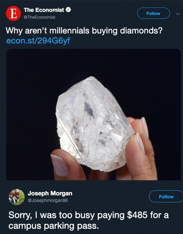 millennials diamonds - E The Economist Economist Why aren't millennials buying diamonds? econ.st294G6yf Se Joseph Morgan Sorry, I was too busy paying $485 for a campus parking pass.