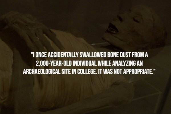 photo caption - "I Once Accidentally Swallowed Bone Dust From A 2,000YearOld Individual While Analyzing An Archaeological Site In College. It Was Not Appropriate."