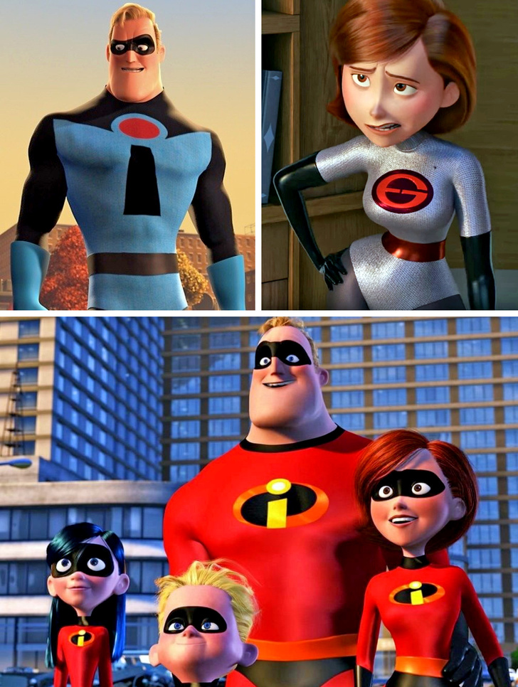 “It took me years to realize that The Incredibles’ family suits are a combination of Mr. Incredible’s and Elastigirl’s suits. Mr. Incredible’s suit has a big ’I’ and Elastigirl has her logo in a small circle; while The Incredibles’ suits have an ’I’ in a small circle.”