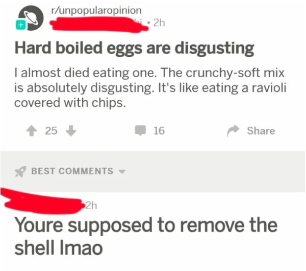 diagram - runpopularopinion 2h Hard boiled eggs are disgusting I almost died eating one. The crunchysoft mix is absolutely disgusting. It's eating a ravioli covered with chips. 4 25 16 Best 2h Youre supposed to remove the shell Imao