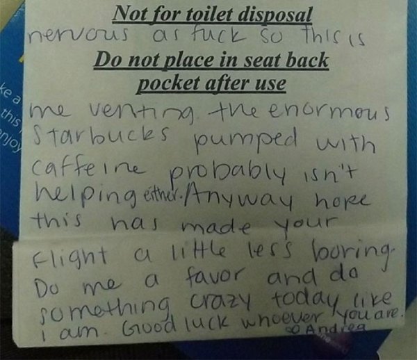 Airplane passenger leaves an amazing note on a barf bag