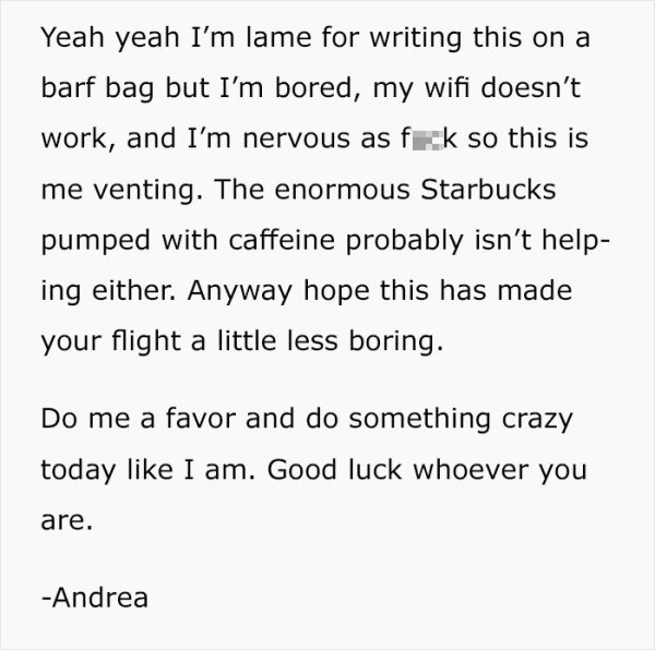 Airplane passenger leaves an amazing note on a barf bag