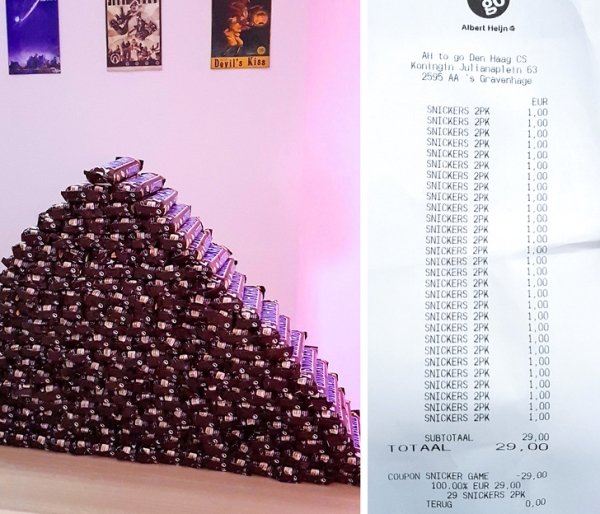 I received this mountain of 360 snickers for free due to a coupon glitch.