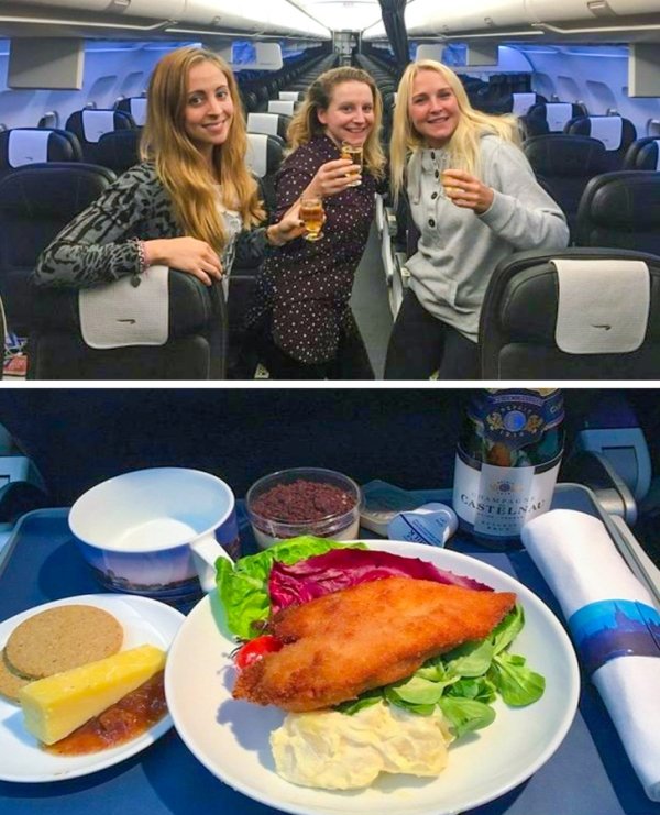 These women didn’t change their plane tickets for a delayed flight and were the only ones on the plane. They got bumped up to first class and had a VIP experience.