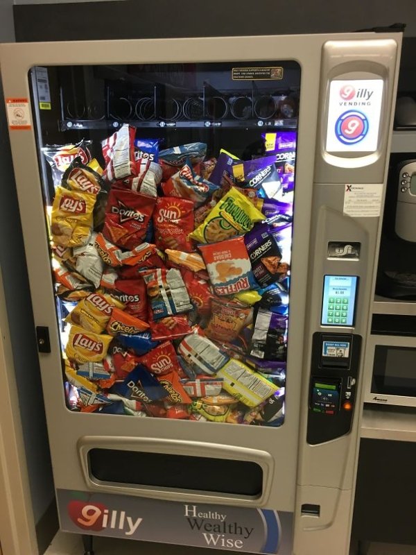 A vending machine that broke and dispensed everything at once.