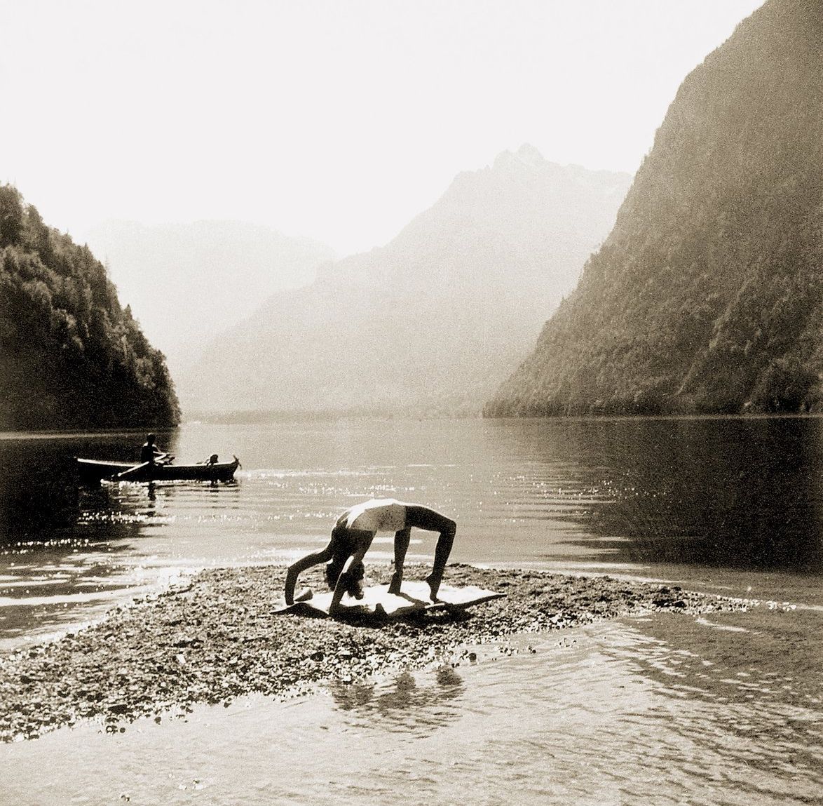 Eva Braun doing yoga by the lake Königssee, Bavaria, 1942