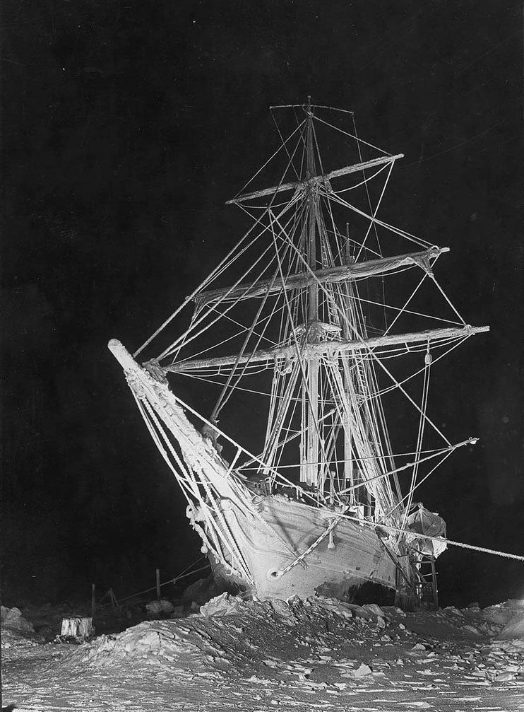 Explorer Sir Ernest Shackleton’s ship, the Endurance, illuminated by more than 20 flashes for a photo while trapped in an ice pack on the Weddell Sea during a doomed expedition to Antarctica – August 27, 1915