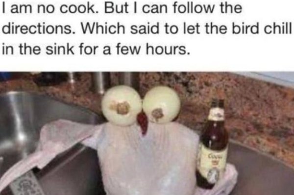 thanksgiving dad jokes - I am no cook. But I can the directions. Which said to let the bird chill in the sink for a few hours.