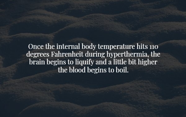 sky - Once the internal body temperature hits 110 degrees Fahrenheit during hyperthermia, the brain begins to liquify and a little bit higher the blood begins to boil.