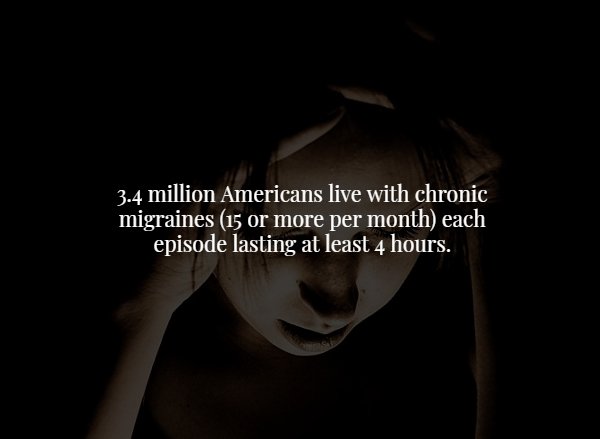 darkness - 3.4 million Americans live with chronic migraines 15 or more per month each episode lasting at least 4 hours.