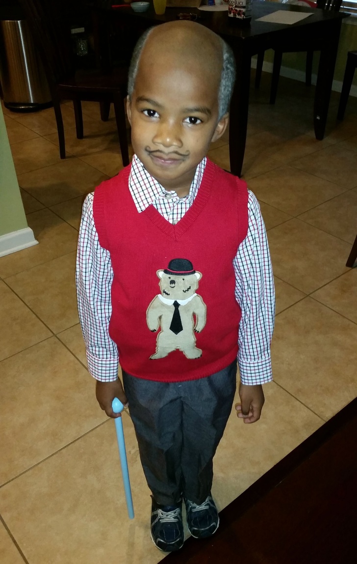 “My husband may have gone too far in dressing our son as an old man for school today.”