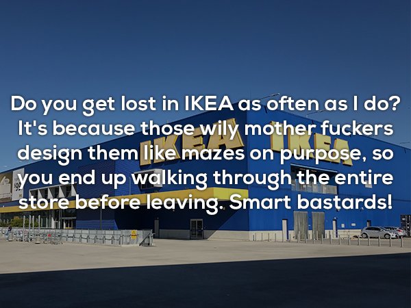 sky - Do you get lost in Ikea as often as I do? It's because those wily mother fuckers design them mazes on purpose, so you end up walking through the entire store before leaving. Smart bastards!