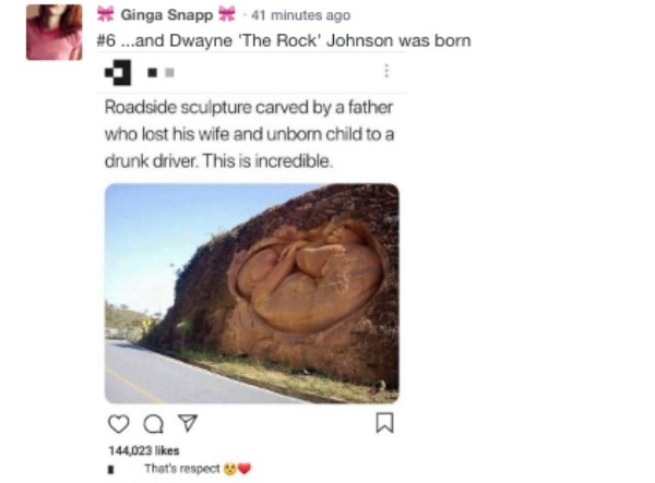 Sculpture - Ginga Snapp 41 minutes ago ...and Dwayne The Rock Johnson was born . . Roadside sculpture carved by a father who lost his wife and unbom child to a drunk driver. This is incredible. Q 144,023 That's respect