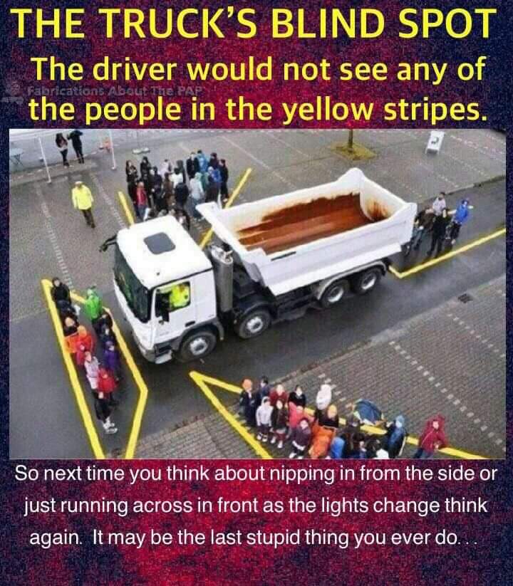 blind spots on a truck - The Trucks Blind Spot The driver would not see any of the people in the yellow stripes. Fabrications About So next time you think about nipping in from the side or just running across in front as the lights change think again. It 