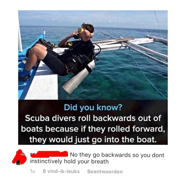 missed - scuba divers roll backwards - Did you know? Scuba divers roll backwards out of boats because if they rolled forward, they would just go into the boat. i No they go backwards so you dont instinctively hold your breath 1u8 vindikleuks Beantwoorden